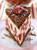 A piece of chocolate raspberry gateau with chocolate curls