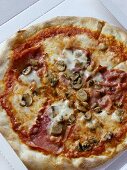 Pizza mit Schinken und Champignons im Karton