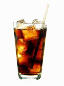 Cola with ice cubes and straw in glass