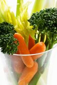 Celery, carrots and broccoli in glass (close-up)