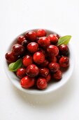 Cranberries with drops of water and leaves in bowl