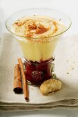 Raspberry compote, Madeira cream & cinnamon in glass; amaretti