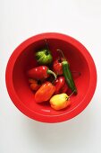 Various chili peppers in red bowl