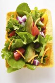 Mexican salad with vegetables and taco chips in taco shell