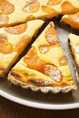 Apricot tart with icing sugar, pieces cut