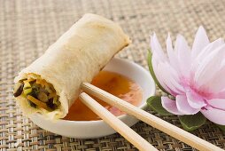 Spring roll on chili dip