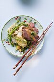 Duck breast with rice noodles and green asparagus (China)