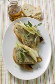 Chicken liver terrine with asparagus & sage on bread (Veneto)