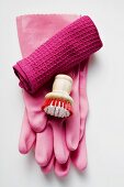 Pink rubber gloves, brush and tea towel