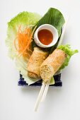 Spring roll, cut in half, on salad (China)