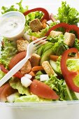 Salad leaves with vegetables, croutons & dressing to take away
