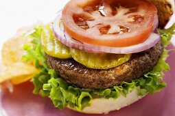 Selbstgemachter Hamburger mit Essiggurken, Zwiebeln, Tomate