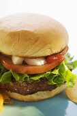 Hamburger with tomato, onions, ketchup and crisps