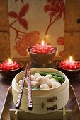 Shrimp balls in bamboo steamer (Thailand)