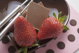 Small bowl with chocolate pieces, strawberries & fondue forks