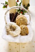 Basket of Christmas baking (coconut crescents, cookies etc.)