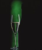 Glass of sparkling wine beside wine bottle in green light