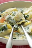 Pasta with spinach & cream sauce, diced tomatoes & Parmesan