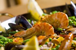 Paella with prawns, peas and octopus (detail)