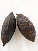Two cacao fruits on white wooden surface