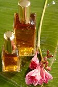 Small bottles with stem of freesias