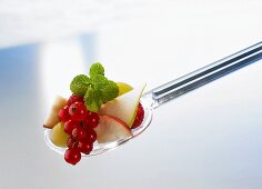 Pieces of fruit and redcurrants on a plastic spoon