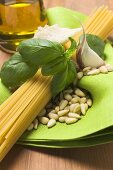 Spaghetti and pesto ingredients