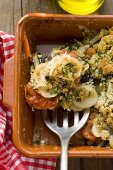 Vegetable bake with potatoes, tomatoes, leeks and capers