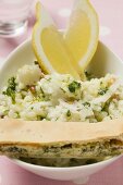 Lemon risotto with herb oil, & piece of spinach & ricotta pie