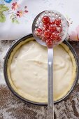 Baking tin with pastry & vanilla cream, redcurrants on skimmer