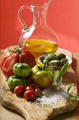 Fresh tomatoes, olives, salt and olive oil