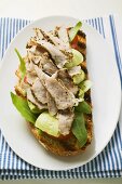 Grilled bread with turkey, cucumber and tomato
