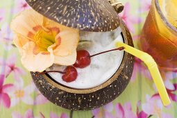 Pina Colada with flower and cherries