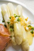 White asparagus with smoked salmon and egg sauce