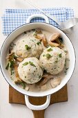 Bread dumplings with mushroom ragout in pot