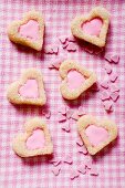 Heart-shaped biscuits with pink icing for Valentine's Day