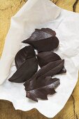 Several different chocolate leaves on paper