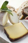 Cheese still life with bread and half a fig