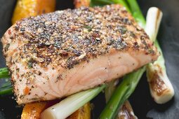 Fried salmon fillet on vegetables (close-up)