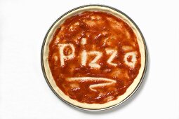 Pizza base with tomato sauce and the word 'Pizza'