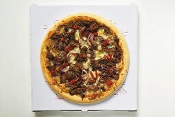 Pizza mit Hackfleisch, Zwiebeln und Käse auf Pizzakarton