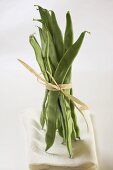 Green beans, tied together, on linen cloth
