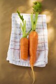 Whole and half carrot on tea towel