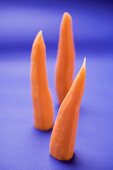 Three peeled carrots on blue background