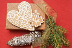 Gingerbread heart and leaf with decorative icing