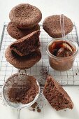 Chocolate buns, chocolate cream and cocoa powder