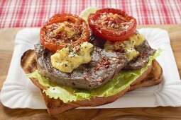 Beef steak and tomatoes on toast on paper plate
