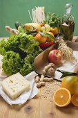 Fresh vegetables, fruit, nuts, flour, cheese and olive oil