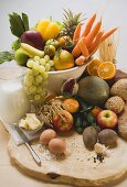 Fresh vegetables, fruit, eggs, butter, milk & wholemeal bread
