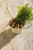 Young carrots in strainer on wooden background